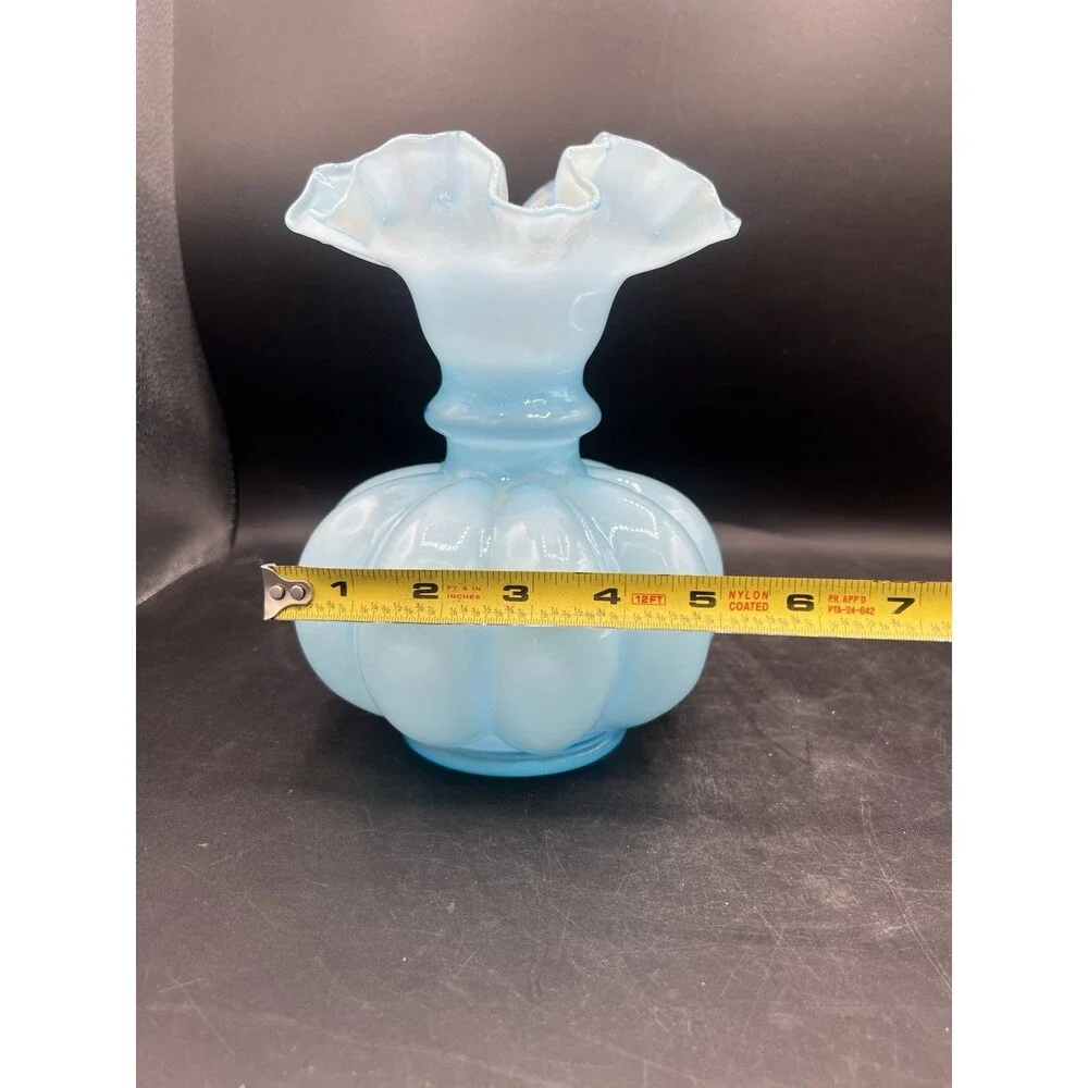 Vintage Fenton Blue Opalescent Melon Vase Ruffled Crimped Rim Art Glass 7.5”